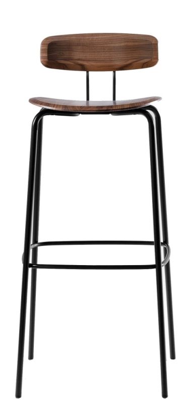 Okito Barstuhl mit Rückenlehne aus Holz und schwarzem Metallgestell, Frontansicht.